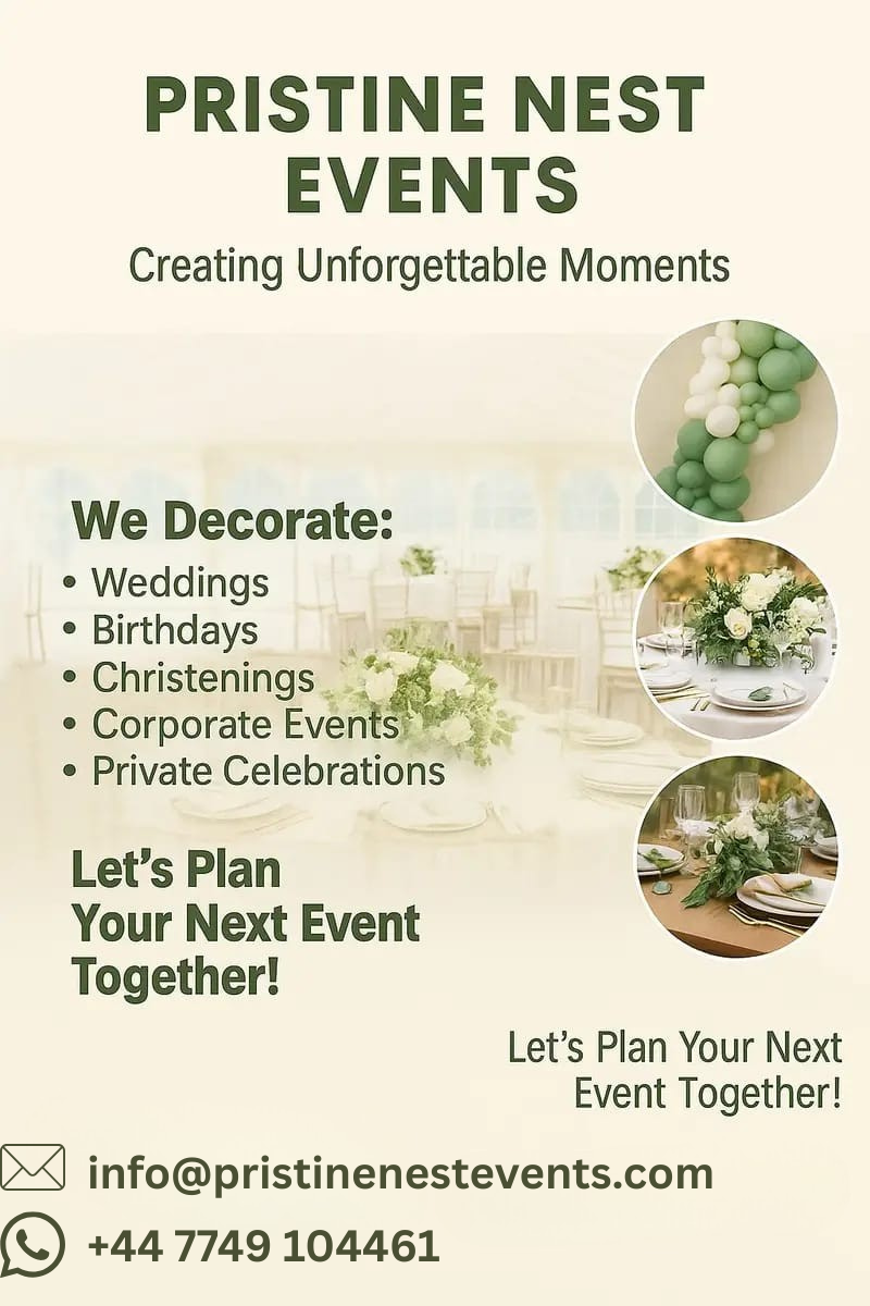 Elegant event flyer showcasing Pristine Nest Events services including marquee hire, tables, chairs, and event decoration for weddings, birthdays, and corporate celebrations in Norfolk and Suffolk.