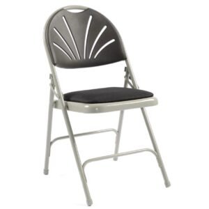 Lightweight folding event chair with a silver frame and black cushioned seat available for hire from Pristine Nest Events in Norfolk and Suffolk.