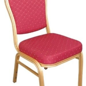 Elegant gold metal banquet chair with red upholstered seat and backrest available for event hire from Pristine Nest Events in Norfolk and Suffolk.