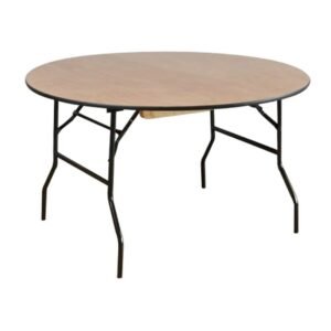 Round wooden folding event table with black steel legs available for hire from Pristine Nest Events in Norfolk and Suffolk.